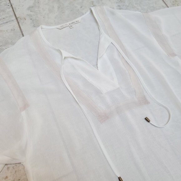 Rachel Roy ; White Blouse Top with Pink Details and Tie Neck Collar - Picture 6 of 6